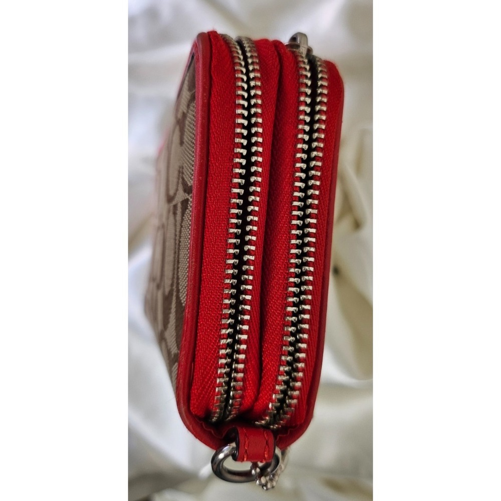 Coach DOUBLE Zip Medium Wallet Signature Canvas Brown with Red Leather Trim/Silv - Picture 7 of 11